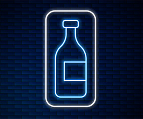 Glowing neon line Bottle of wine icon isolated on brick wall background. Vector