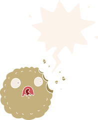 frightened cookie cartoon with speech bubble in retro style