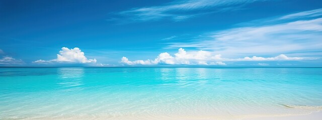 Beautiful sandy beach with white sand and rolling calm wave of turquoise ocean on Sunny day. White clouds in blue sky are reflected in water. Maldives, perfect scenery landscape, copy space