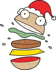 hand drawn line drawing of a amazing burger wearing santa hat