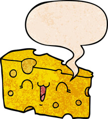 cartoon cheese with speech bubble in retro texture style