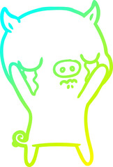 cold gradient line drawing of a cartoon pig crying