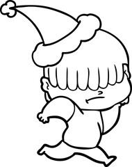 hand drawn line drawing of a boy with untidy hair wearing santa hat