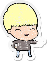 distressed sticker of a happy cartoon boy