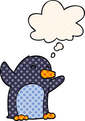 cartoon excited penguin with thought bubble in comic book style