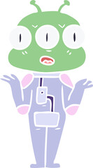 flat color style cartoon three eyed alien shrugging