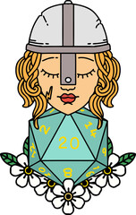 Retro Tattoo Style human fighter with natural 20 D20 dice roll