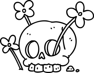 line doodle of a skull with flowers growing