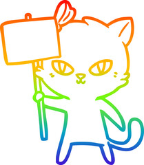 rainbow gradient line drawing of a cute cartoon cat with protest sign