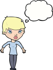 cartoon woman shrugging shoulders with thought bubble