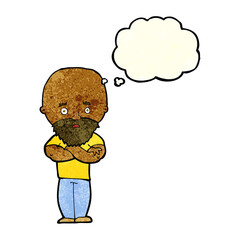 cartoon shocked bald man with beard with thought bubble