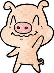 nervous cartoon pig waving