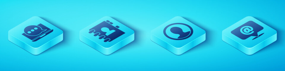 Set Isometric Chat messages notification on laptop, Address book, Mail and e-mail and Create account screen icon. Vector