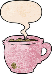 cartoon hot cup of coffee with speech bubble in retro texture style