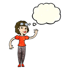 cartoon pilot woman waving with thought bubble