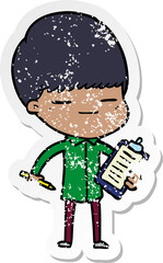 distressed sticker of a cartoon smug boy with clip board