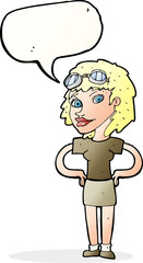 cartoon retro pilot woman with speech bubble