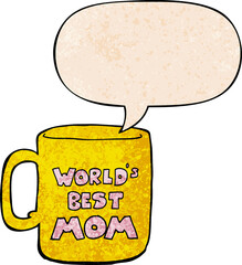 worlds best mom mug with speech bubble in retro texture style