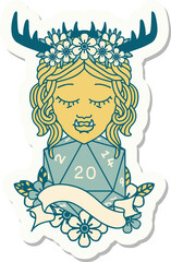 sticker of a half orc druid character with natural 20 dice roll