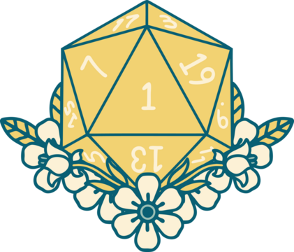 Retro Tattoo Style natural one dice roll with floral elements