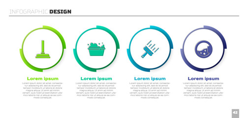 Set Rubber plunger, Basin with soap suds, cleaner for windows and Washer. Business infographic template. Vector