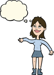 cartoon woman making hand gesture with thought bubble