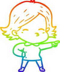 rainbow gradient line drawing of a cartoon woman pointing
