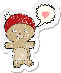 retro distressed sticker of a cartoon bear in hat