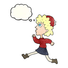 Obraz na płótnie Canvas freehand drawn thought bubble textured cartoon running woman