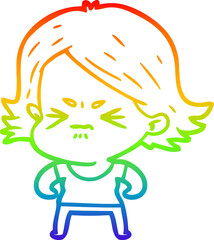 rainbow gradient line drawing of a cartoon angry girl