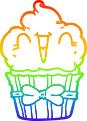 rainbow gradient line drawing of a happy cartoon cupcake