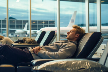 Man peacefully sleeping at the airport terminal while waiting on his flight to leave. Generative AI