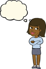 cartoon happy woman looking over with thought bubble