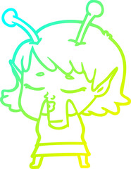 cold gradient line drawing of a cute alien girl cartoon