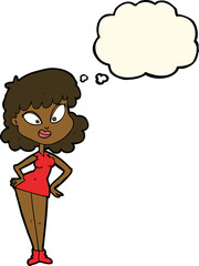 cartoon woman with hands on hips with thought bubble