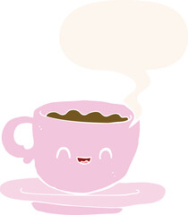 cartoon hot cup of coffee with speech bubble in retro style