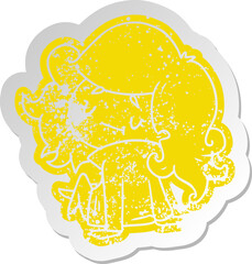 distressed old cartoon sticker of a cute kawaii girl
