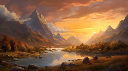 Mountains in soft golden light, moody river cutting through the landscape. -AI Generated-