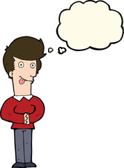 cartoon man sticking out tongue with thought bubble