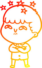 warm gradient line drawing of a cartoon amazed boy