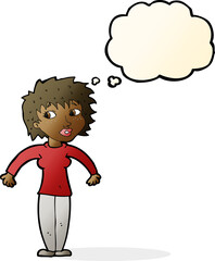 cartoon woman shrugging shoulders with thought bubble