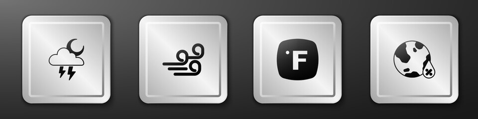 Set Storm, Windy weather, Fahrenheit and Water drop percentage icon. Silver square button. Vector