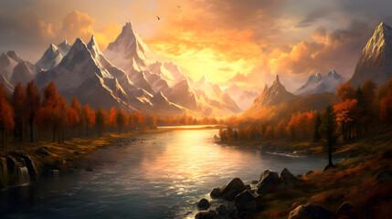 Fototapeta na wymiar Mountains in soft golden light, moody river cutting through the landscape. -AI Generated-
