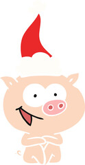 cheerful sitting pig hand drawn flat color illustration of a wearing santa hat