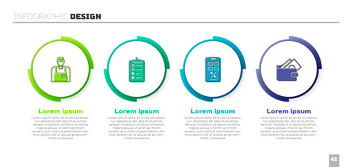 Set Seller, Shopping list, Percent discount and mobile and Wallet with money. Business infographic template. Vector