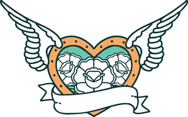 iconic tattoo style image of a flying heart with flowers and banner