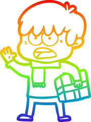 rainbow gradient line drawing of a worried cartoon boy