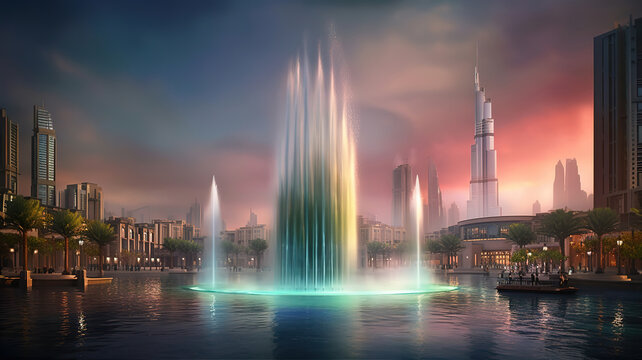 Fountains in Dubai mall overlooking Dubai cityscape and buildings. Generative Ai