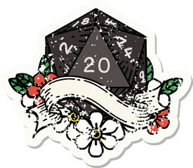 grunge sticker of a natural twenty D20 dice roll