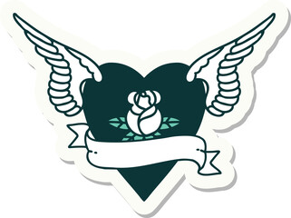 sticker of tattoo in traditional style of heart with wings a rose and banner